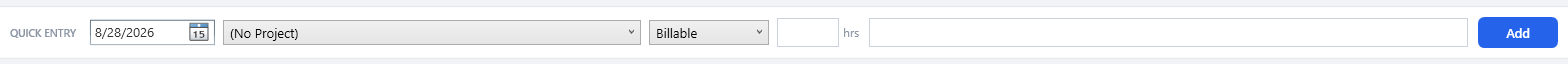 The quick-entry bar: date, project, billable type, hours and description.