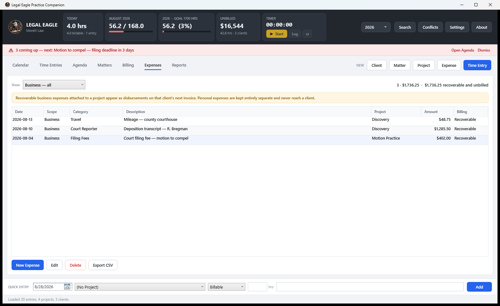 The expenses screen listing business and personal expenses by category with amounts, payment method and whether each is billable to the client.