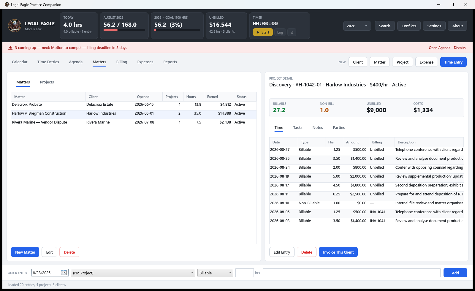 The matters screen listing matters by client with project counts, hours and amounts earned, beside a detail panel for one project.
