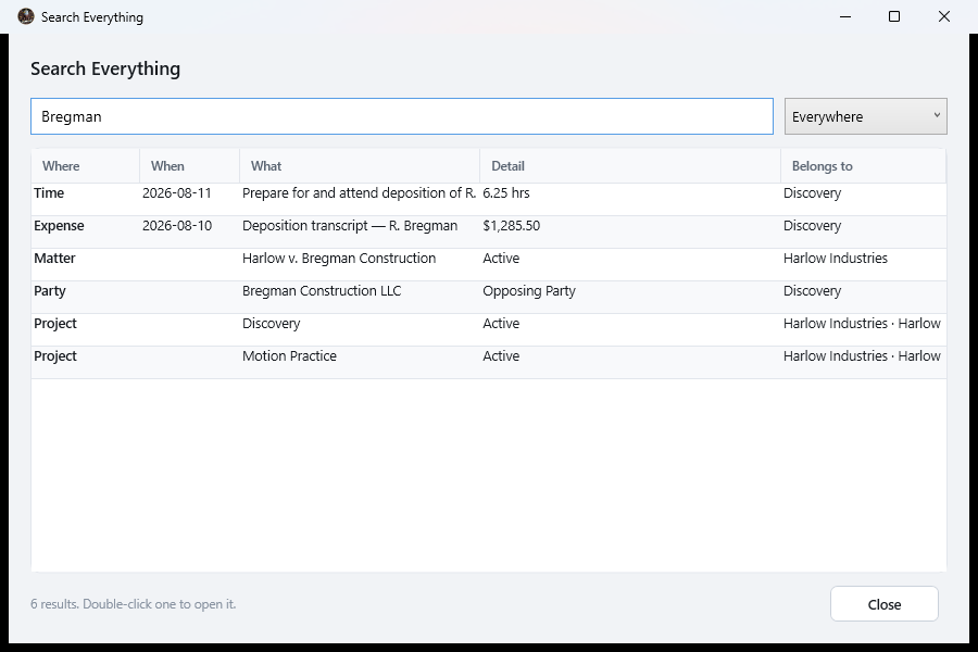 The search window showing one query reaching a note, a matter, a related party and two projects at once.